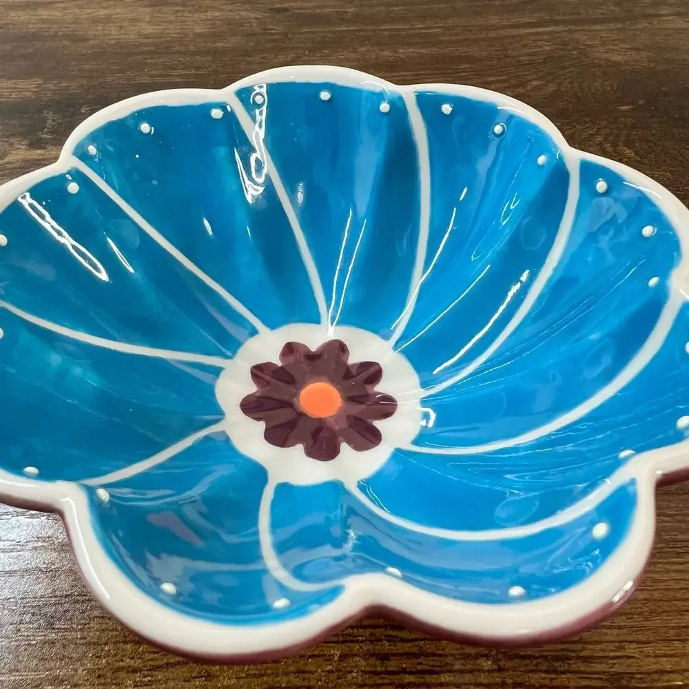 Anthropologie 1 CUP Measuring Cup Bowl Flower Ceramic Blue Kitchenware Boho New